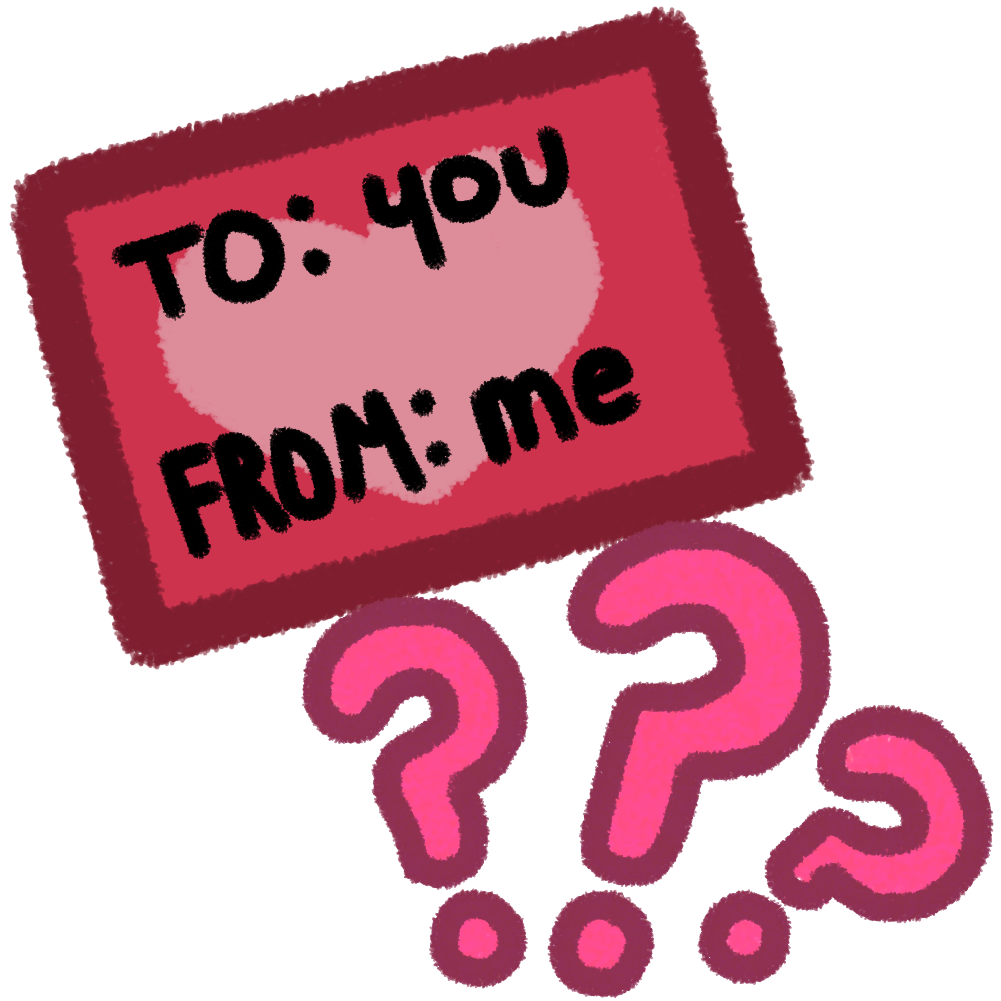 a red card with a light pink heart on it. written on it is “TO: you. FROM: me”. below the card is 3 pink question marks